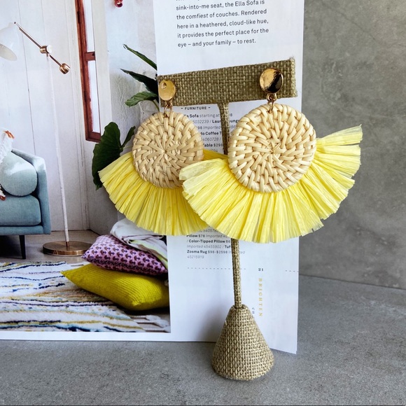 Rattan Yellow Woven Fashion Statement Earrings - Picture 2 of 6